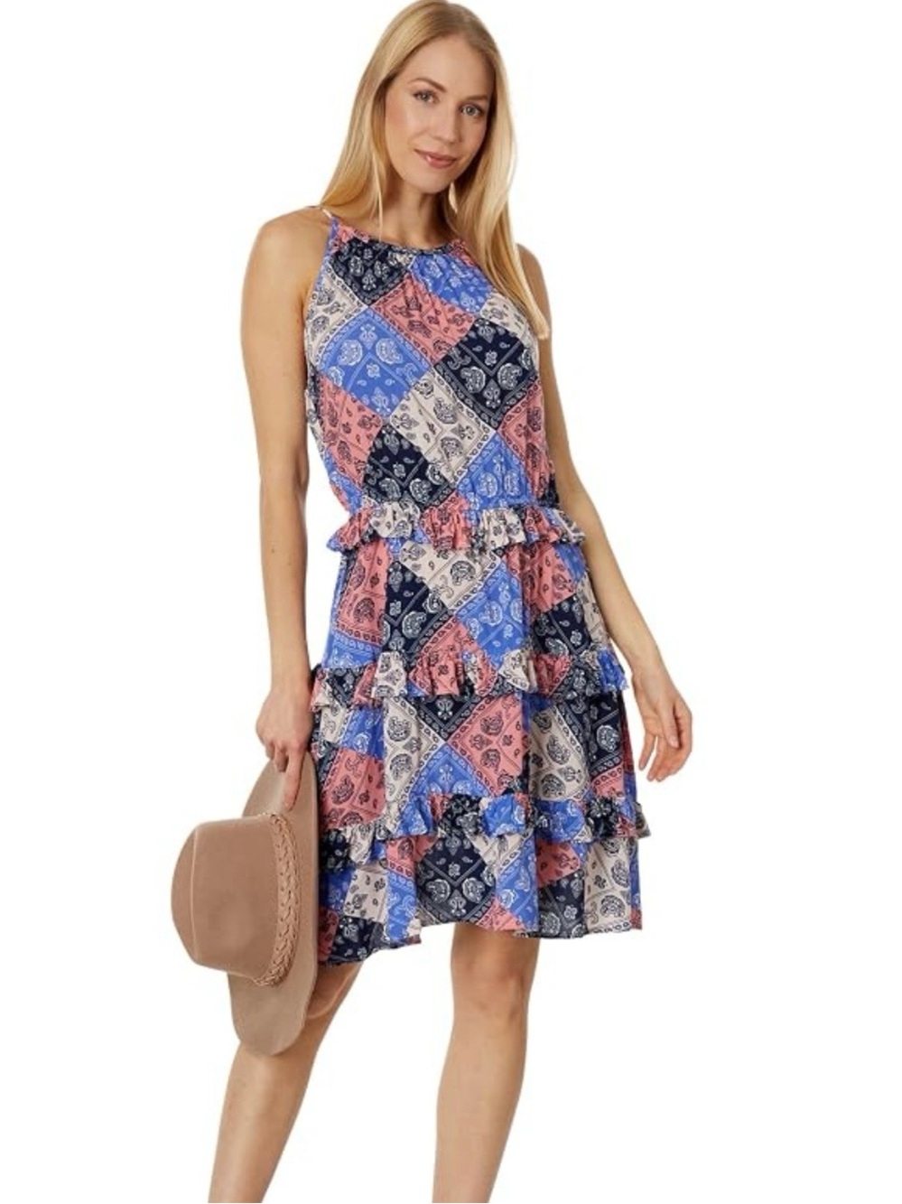 Wrangler Patchwork Bandana Halter Mini Dress - Pink, Blue & Navy